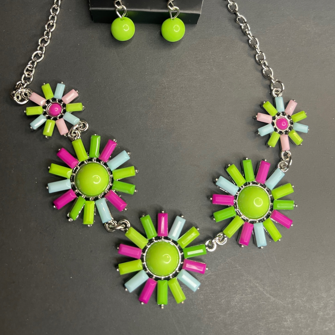 Pink, Green, & Blue Necklace/Earring Set